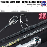 2.4M 44LB/ 20KG Two-sectional Heavy Power Carbon Spinning Rod with Fuji Guide Rings