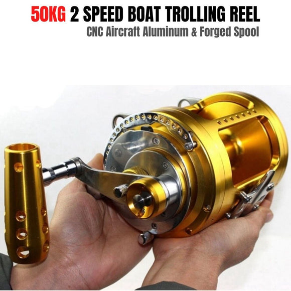 W80 50kg Max Drag CNC Machined Aircraft Aluminum Forged Spool 2 Speed Boat Trolling Reel 