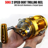 W80 50kg Max Drag CNC Machined Aircraft Aluminum Forged Spool 2 Speed Boat Trolling Reel 